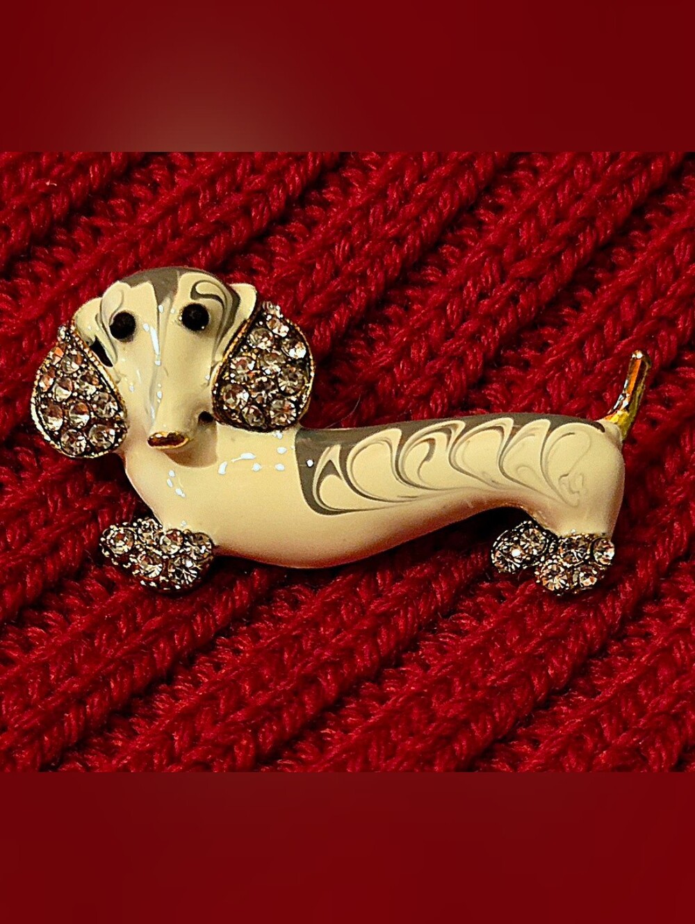 Artisan Cream and Gold Dachshund Brooch Pin